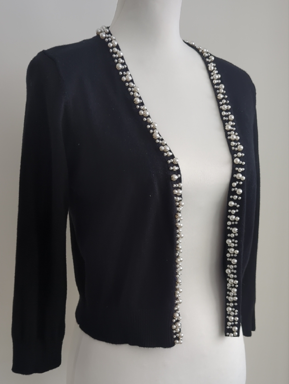 Ronni Nicole Black Pearl Collar Trim Open-Front Cardigan